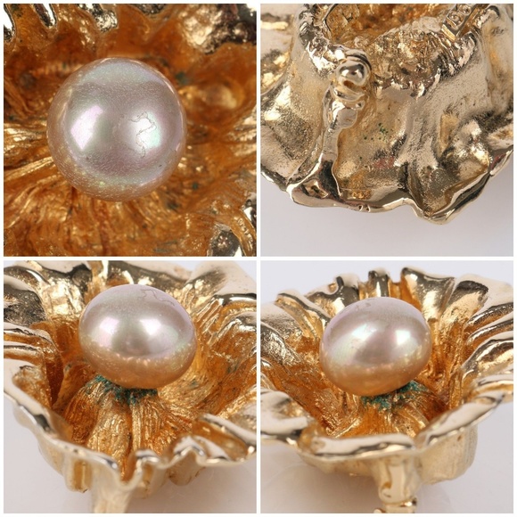 VTG c.1964 Oleg Cassini Gold Pearl Floral Brooch - Picture 6 of 8